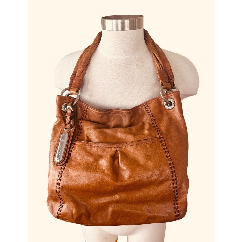 B. Makowsky Brown Leather Slouch Shoulder Bag 16"L x 12"H Leopard Print Lining